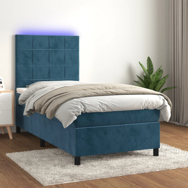 Cama box spring colchón y LED terciopelo azul oscuro 90x190 cm D
