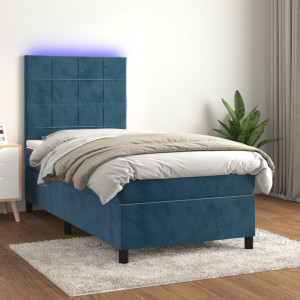 Cama box spring colchón y LED terciopelo azul oscuro 90x200 cm D