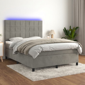 Cama box spring colchón y LED terciopelo gris claro 140x200 cm D