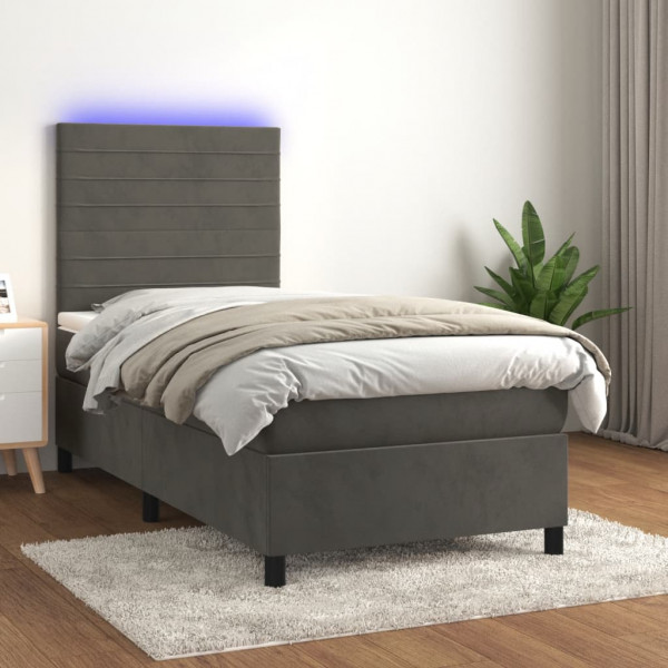 Cama box spring colchón y LED terciopelo gris oscuro 100x200 cm D