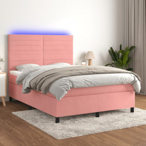 Cama box spring colchón y LED terciopelo rosa 140x190 cm D
