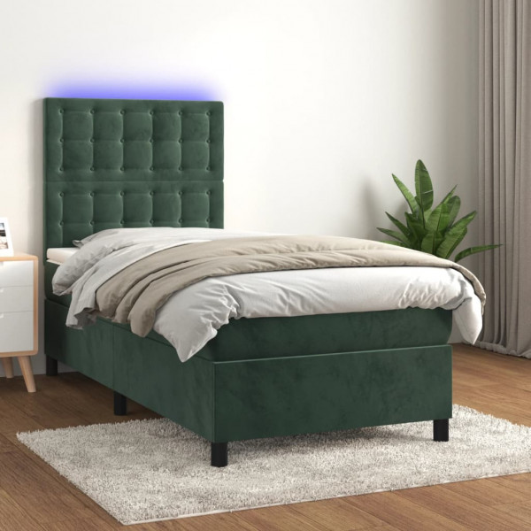 Cama box spring com colchão e veludo LED verde escuro 100x200cm D