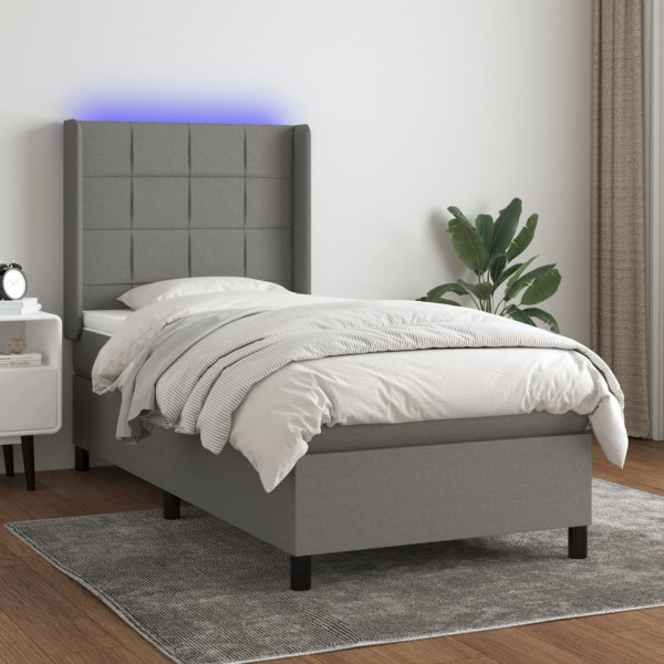 Cama box spring colchão e luzes LED tecido cinza escuro 80x200 cm D
