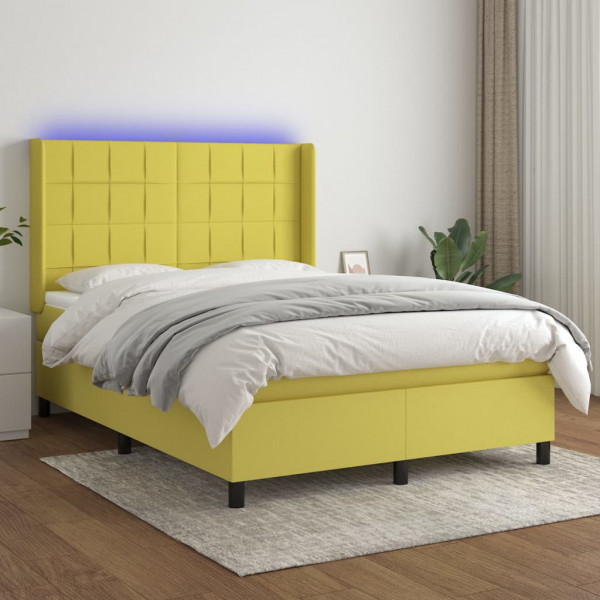 Cama box spring colchón y luces LED tela verde 140x200 cm D