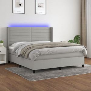 Cama box spring colchón y luces LED tela gris claro 160x200 cm D