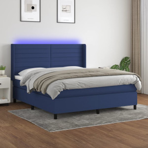 Cama box spring colchón y luces LED tela azul 160x200 cm D