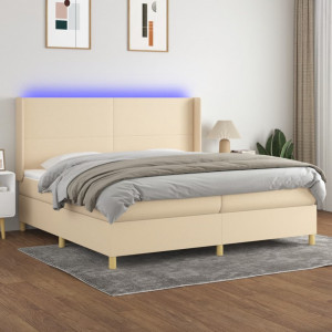 Cama box spring colchón y luces LED tela crema 200x200 cm D