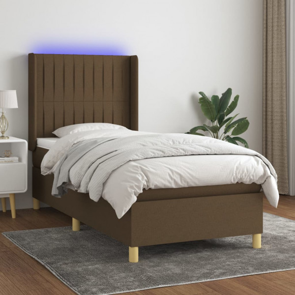 Cama box spring colchón y luces LED tela marrón oscuro 80x200cm D
