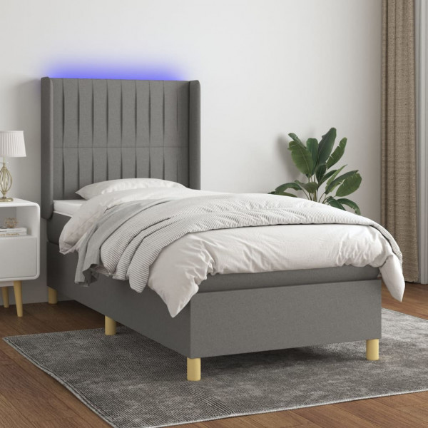 Cama box spring colchão e luzes LED tecido cinza escuro 90x190 cm D