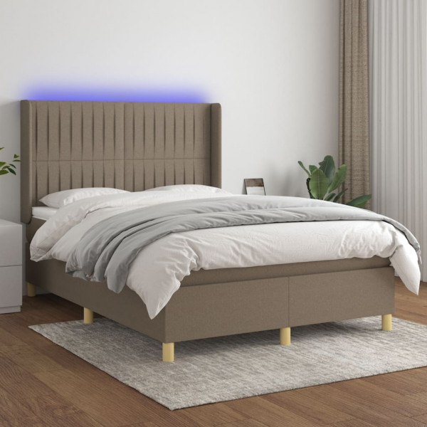 Cama box spring com colchão e luzes LED tecido cinza taupe 140x200 cm D