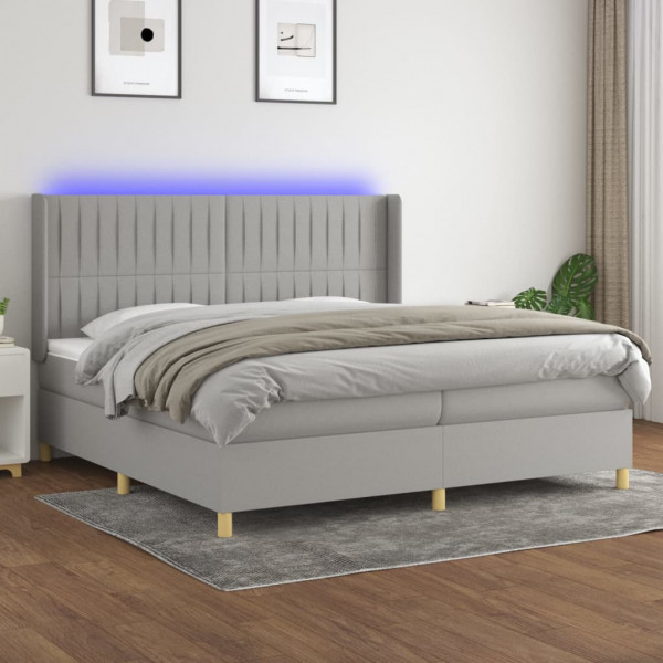 Cama box spring con colchón tela y LED gris claro 200x200 cm D