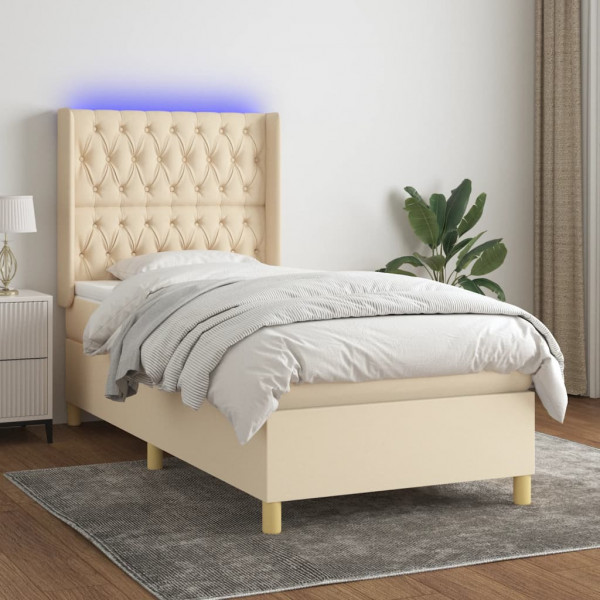 Cama box spring colchón y luces LED tela crema 100x200 cm D