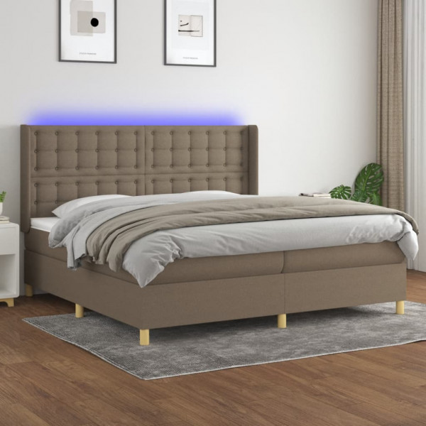 Cama box spring colchón y luces LED tela gris taupe 200x200 cm D