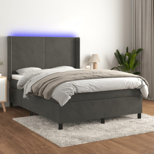 Cama box spring colchón y LED terciopelo gris oscuro 140x190 cm D