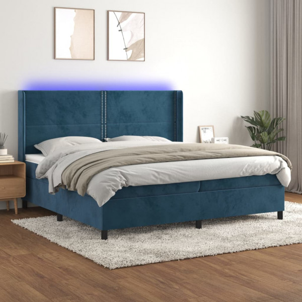 Cama box spring colchón y LED terciopelo azul oscuro 200x200 cm D