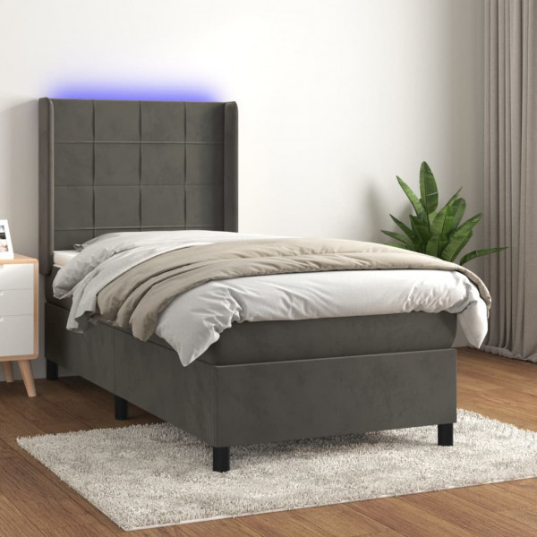 Cama box spring com colchão e veludo LED cinza escuro 90x200 cm D