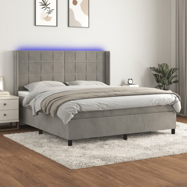 Cama box spring com colchão e veludo LED cinza claro 180x200 cm D