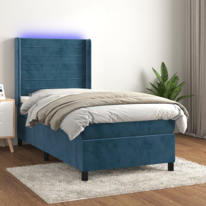 Cama box spring colchón y LED terciopelo azul oscuro 80x200 cm D