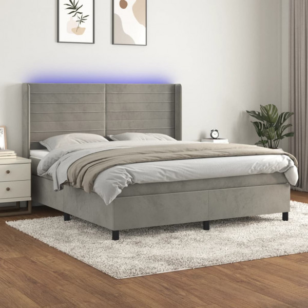 Cama box spring com colchão e veludo LED cinza claro 160x200 cm D