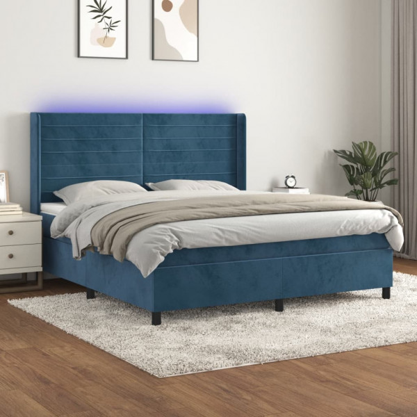 Cama box spring colchón y LED terciopelo azul oscuro 160x200 cm D