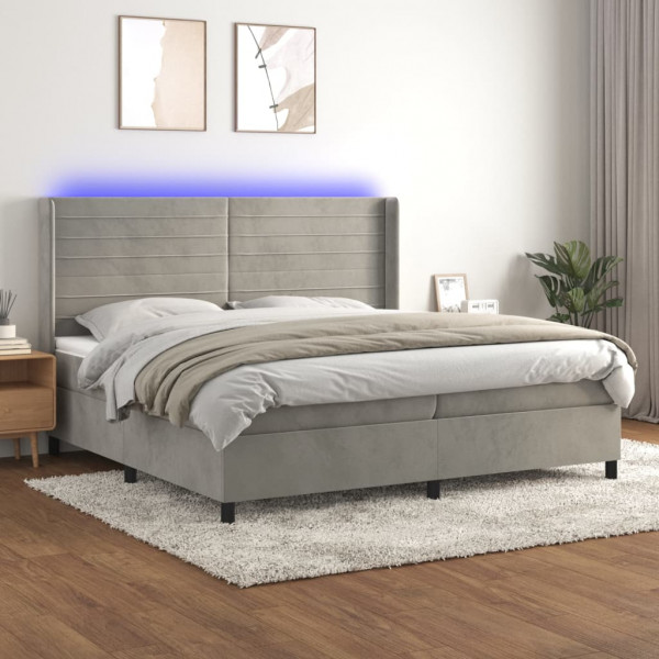 Cama box spring colchão e LED veludo cinza claro 200x200 cm D