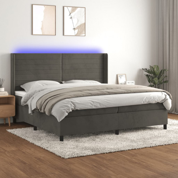 Cama box spring colchón y LED terciopelo gris oscuro 200x200 cm D