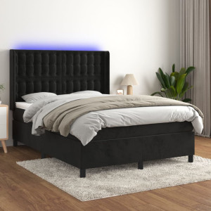 Cama box spring colchón y LED terciopelo negro 140x200 cm D