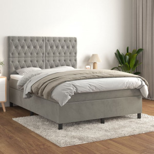 Cama box spring con colchón terciopelo gris claro 140x200 cm D
