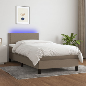 Cama box spring colchón y luces LED tela gris taupe 100x200 cm D