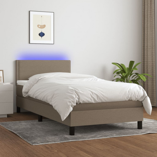 Cama box spring colchão e luzes LED tecido cinza taupe 100x200 cm D