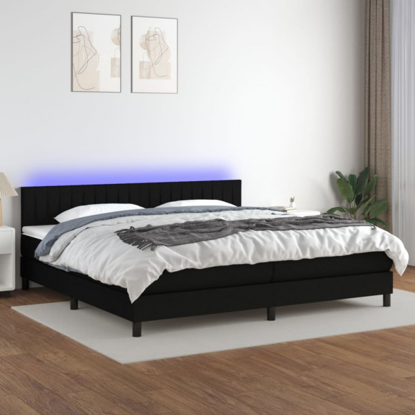 Cama box spring colchão e luzes LED tecido preto 200x200 cm D