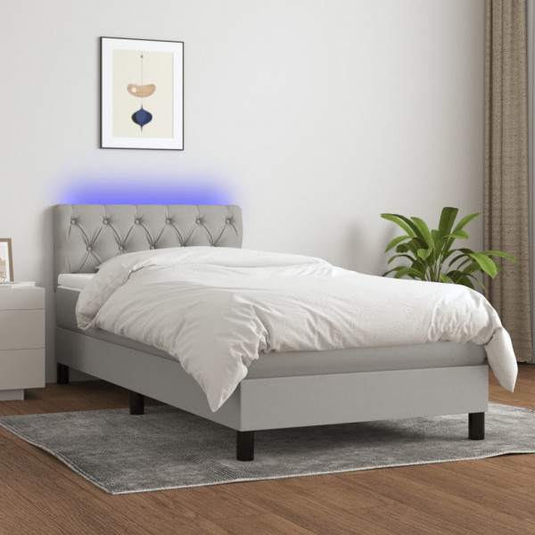 Cama box spring colchón y luces LED tela gris claro 80x200 cm D