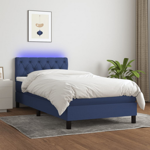 Cama box spring colchón y luces LED tela azul 80x200 cm D