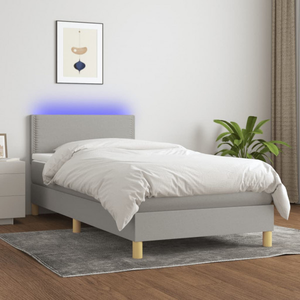 Cama box spring con colchón tela y LED gris claro 100x200 cm D