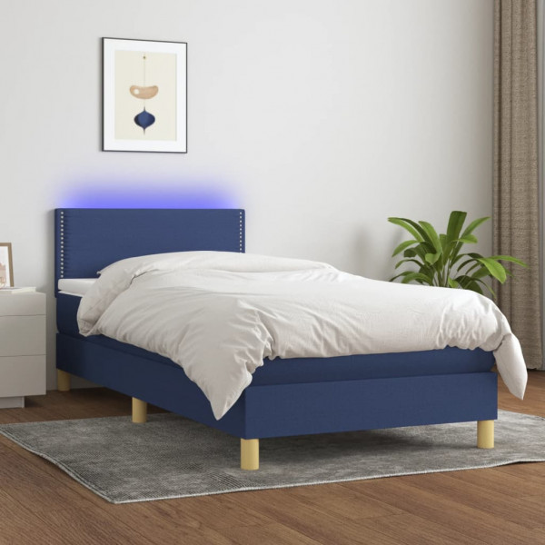 Cama box spring con colchón y LED tela azul 100x200 cm D