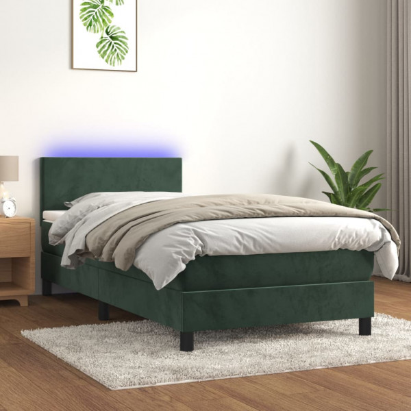 Cama box spring colchón y LED terciopelo verde oscuro 90x200 cm D