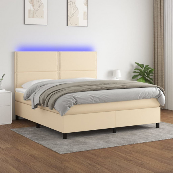 Cama box spring colchón y luces LED tela crema 160x200 cm D