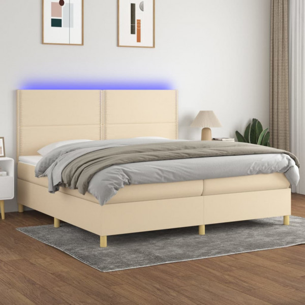 Cama box spring colchón y luces LED tela crema 200x200 cm Cama box spring colchón y luces LED tela crema 200x200 cm D
