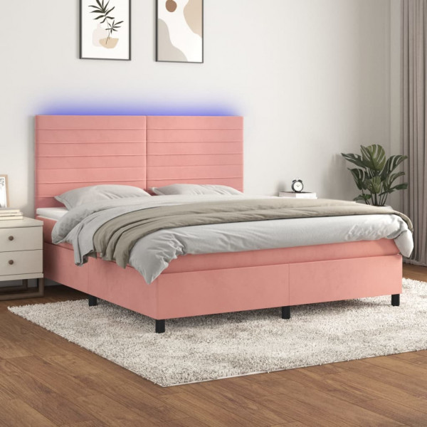 Cama box spring com colchão e veludo rosa LED 160x200 cm D
