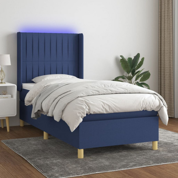 Cama box spring colchão e luzes LED tecido azul 80x200 cm D