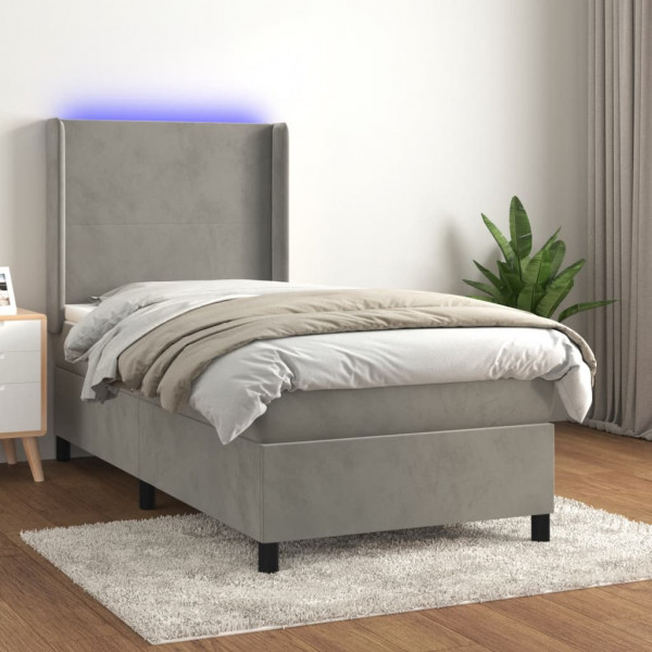 Cama box spring colchón y LED terciopelo gris claro 90x200 cm D
