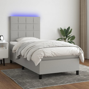 Cama box spring colchón y luces LED tela gris claro 90x200 cm D