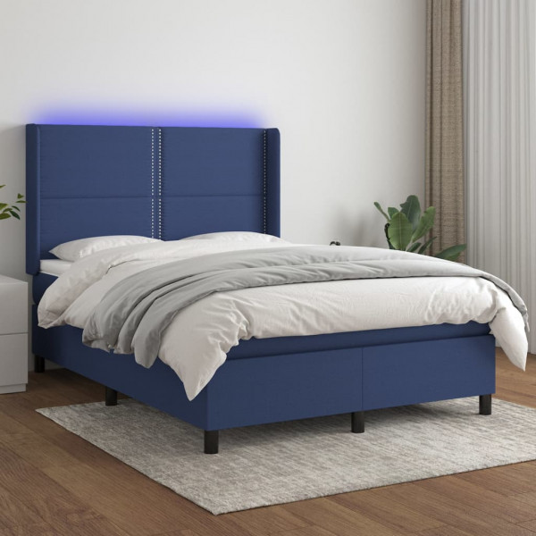 Cama box spring colchão e luzes LED tecido azul 140x200 cm D