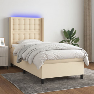Cama box spring colchón y luces LED tela crema 100x200 cm D