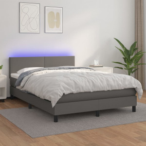 Cama box spring colchón y LED cuero sintético gris 140x200 cm D