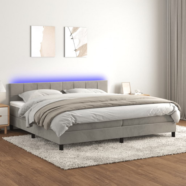 Cama box spring colchão e LED veludo cinza claro 200x200 cm D
