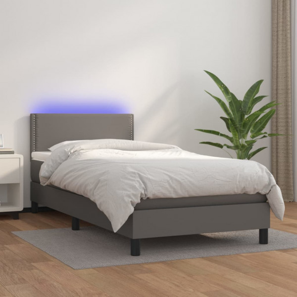 Cama box spring com colchão e couro sintético LED cinza 100x200 cm D