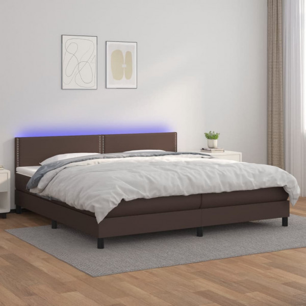 Cama box spring colchão e LED couro sintético marrom 200x200 cm D