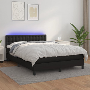Cama box spring colchón y LED cuero sintético negro 140x200 cm D