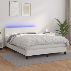 Cama box spring colchón y LED cuero sintético blanco 140x200 cm D